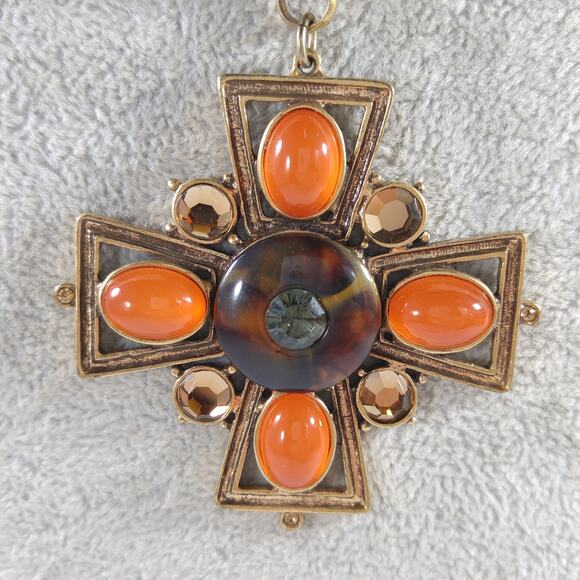 Chico's Maltese Cross Pendant Necklace, Orange Cabochons, Rhinestone, 35" Chain - Picture 2 of 11